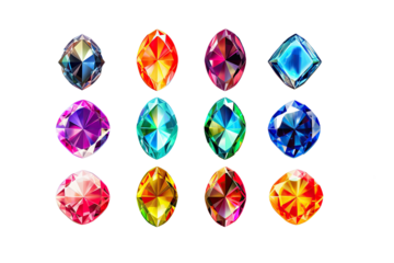 A badge with a crystal or diamond, sapphire and amethyst, a treasure trove of rubies and emeralds, a royal gemstone of various shapes and sizes. A magic crystal. A separate set