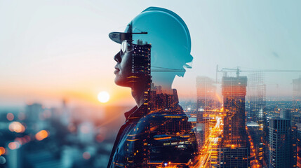 Future construction: Engineers, architects, and workers blend expertise with modern tech in double exposure graphics.