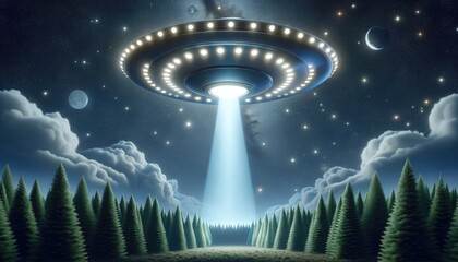 Celestial Intruder: UFO Beam in Starlit Forest - 729382697
