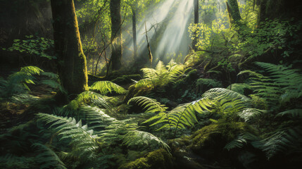 images of fern fronds reflected in a calm pond