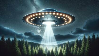 Celestial Intruder: UFO Beam in Starlit Forest - 729383048