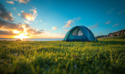 Selective focused on Lawn or green grass ground of camping ground near the sea beach. with camping tent in the background. - obrazy, fototapety, plakaty