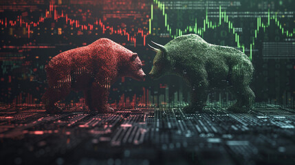 In the crypto realm: A red bear faces off with a green bull amid trading charts and graphs, capturing the volatile dance of the market's highs and lows. - obrazy, fototapety, plakaty