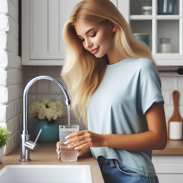 Blonde woman in pastel blue t-shirt filling glass with tap water from faucet in white kitchen