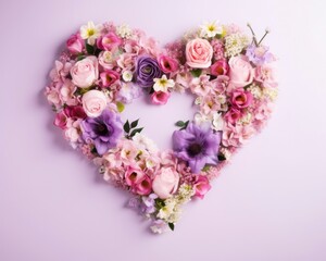 Heart shape made of colorful flowers on white background, top view.