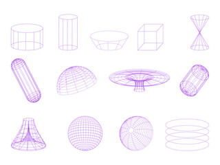 3d wireframe set in color purple. Abstract aesthetic y2k geometric elements. The set is great for social media posts, cards, brochures, flyers, and advertising poster templates. Vector illustration.