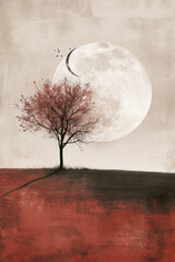 A single tree is on a field with the moon by mike