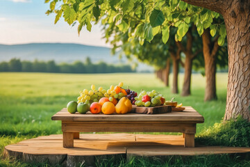 summer garden displayed an array of tropical fruits on the wooden table, their vibrant colors and...