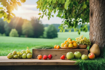 summer garden displayed an array of tropical fruits on the wooden table, their vibrant colors and textures enticing anyone with their healthy, natural and organic appeal. fruits and vegetables. apples