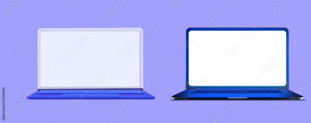 Poster two vibrant blue laptops with blank screens on purple background. a pair of modern blue laptops with
