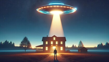Twilight Abduction: Lone Figure and UFO at Dusk - 729384402