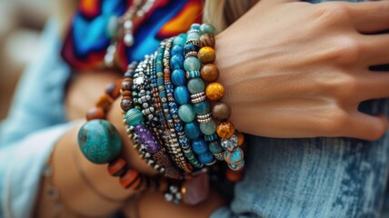 Close-up of a woman's wrist, decorated with many colorful authentic beaded bracelets and ribbons - obrazy, fototapety, plakaty
