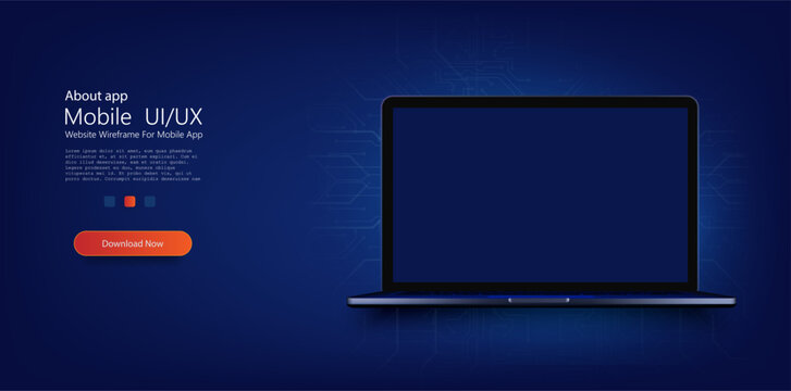 A portable neon computer with a blank screen and a desk in a dark room with blue lighting. Technological background with a laptop. Vector illustration