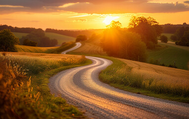 Fototapeta na wymiar The Sun Sets Over a Country Road