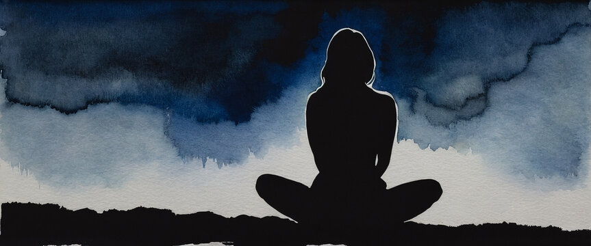Black silhouette of a woman in lotus position. A dark background with smeared dark navy paint. Illustration in watercolor style.