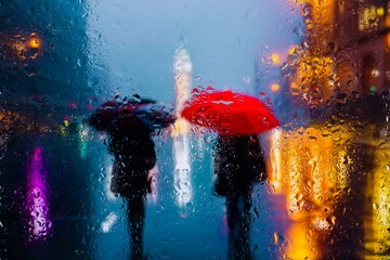 View through glass window with rain drops on blurred reflection silhouettesof a man andgirl in...