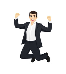 Happy business man in black suit jumping isolated vector illustration 