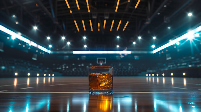 Cinematic wide angle photograph of two whisky glasses at a basketball stadium. Product photography.