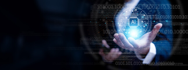 businessman using Ai technology in business by artificial intelligence,  smart robot AI, Futuristic technology transformation, using AI technology for developing running business on cloud computing