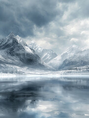 An icy lake at the foot of a snowy mountain.
