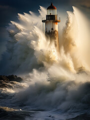 Fototapeta na wymiar Lighthouse in the middle of the sea and big waves