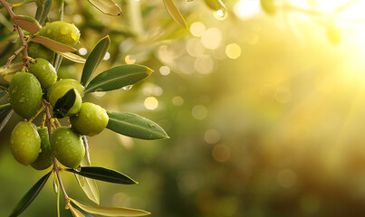 Olives, raw and ripe, with large, bushy clusters, delicious to eat, stretching out branches with bunches of bright green and ripe olives. on a blurred background - Powered by Adobe