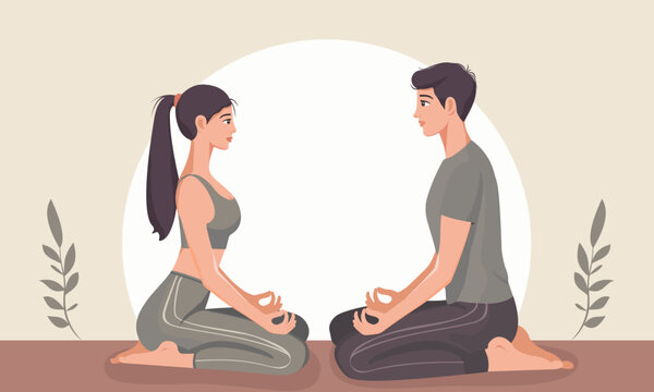 A couple in lotus pose meditating together. Partner yoga. Eye contact between a man and a womanю A faceless character design. Vector illustration.