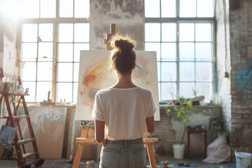 Inspired Artist Contemplating Her Canvas in a Sunlit Studio Full of Creativity and Art Supplies