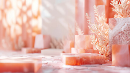 Simple peach fuzz color marble podium as showcase for products - AI Generated