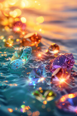 A colorful montage of jewels and diamonds on the water.