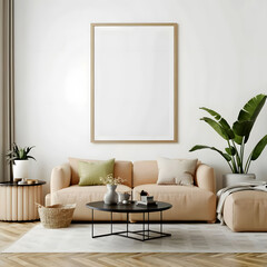 Mockup poster frame on the wall of living room. Luxurious apartment background with contemporary design. Modern interior design. 3D render, 3D illustration.