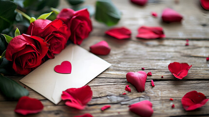 Valentine's day background with red roses and envelope on wooden table.