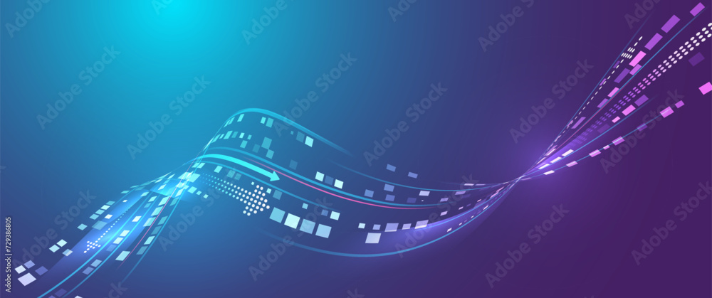 Aufkleber Abstract business analytics. An array of information in the form of waves. Large data stream on a dark background, glowing lines and squares. Data set analysis and visualization.