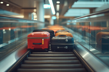 On automated conveyor belt line there are suitcases that are moving for inspection at airport AI Generation