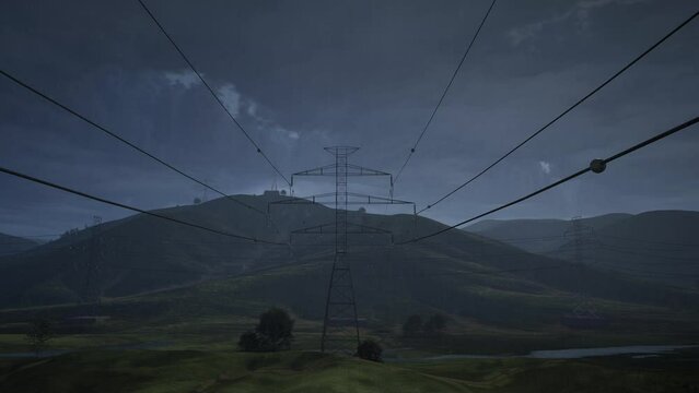 The High Voltage Electricity Tower And The Thunder On Night Dark Sky. The Dark Clouds. Thunder Lightning Rain. Sky Thunderstorm Clouds Timelapse 4K Video, Electricity Pylons In Rainy Countryside
