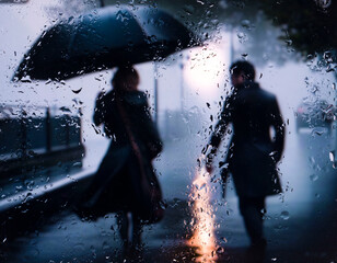 View through glass window with rain drops on blurred reflection silhouettesof a man andgirl in walking on a rain under umbrellas and bokeh city lights, night street scene. Focus on raindrops on glass	