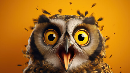 Studio portrait of surprised owl, isolated on yellow backgroun