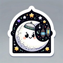 Cute Ramadan sticker design featuring a cartoon moon with a smiling face, wearing a small fez or cap