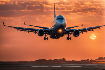 Passenger plane comes in to land on runway at sunset. Airplane landing.