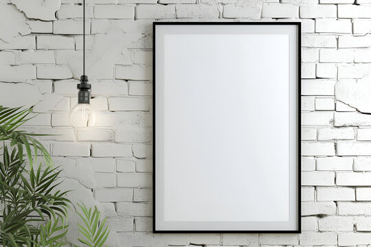 A mockup poster frame with a blank space, hanging on a white painted brick wall, complemented by an industrial-style pendant light.