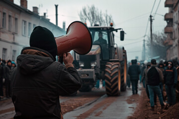 A man in a jacket holds a megaphone and addresses a crowd of people. A large agricultural tractor...