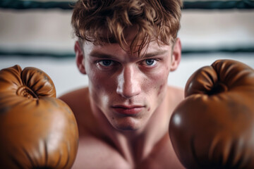 A man in boxing gloves looks directly into the camera with a concentrated expression