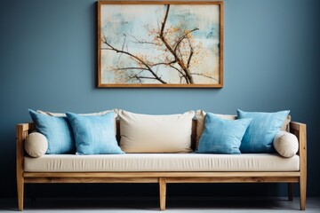 Scandinavian-inspired cozy minimalist apartment. Modern furnishings and wall art. Sofa with different coloured cushions. Light blue tone.