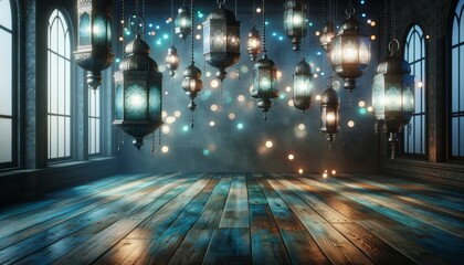 Empty dark wooden floor with a dark and softly glowing background in shades of turquoise and dark blue - obrazy, fototapety, plakaty