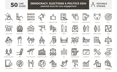 Democracy, elections and politics line icon set: 50 editable stroke vector icons for civic engagement. Ideal for the busy election year of 2024 and beyond. Go vote!