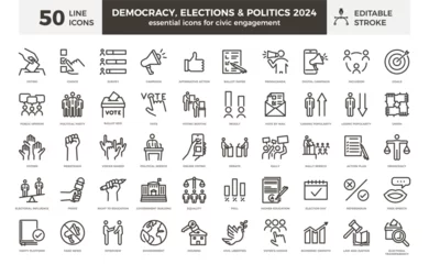 Foto op Aluminium Democracy, elections and politics line icon set: 50 editable stroke vector icons for civic engagement. Ideal for the busy election year of 2024 and beyond. Go vote! © Pedro