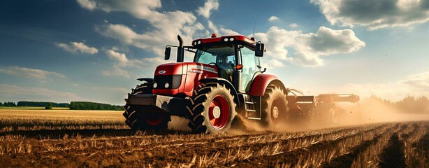Agricultural tractor spraying field: crop maintenance and farming technology. Generative AI. - obrazy, fototapety, plakaty