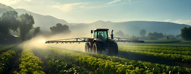 Foto op Canvas Agricultural tractor spraying field: crop maintenance and farming technology. Generative AI. © Chirus