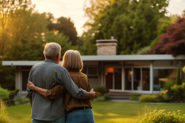 A senior couple in a warm embrace look towards their recently bought home at sunset.