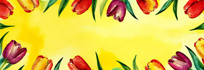 Fresh tulips on yellow background, spring and holidays concept, copy space